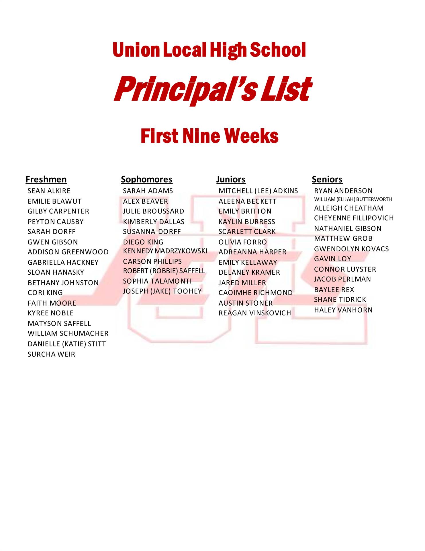 Principal's List First Nine Weeks