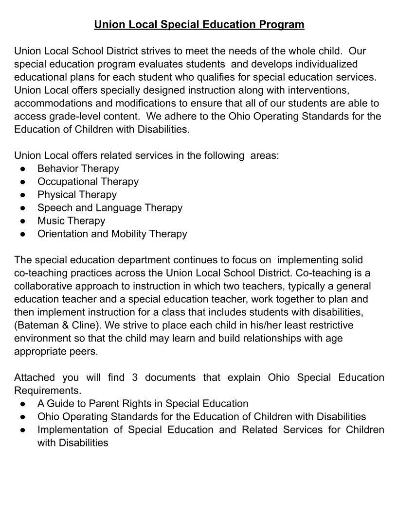 Union Local School Special Education Department Information 